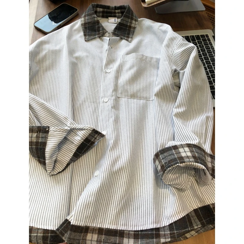 韩版300斤加肥大码格子拼接翻领衬衣初秋男女假两件洋气长袖衬衫