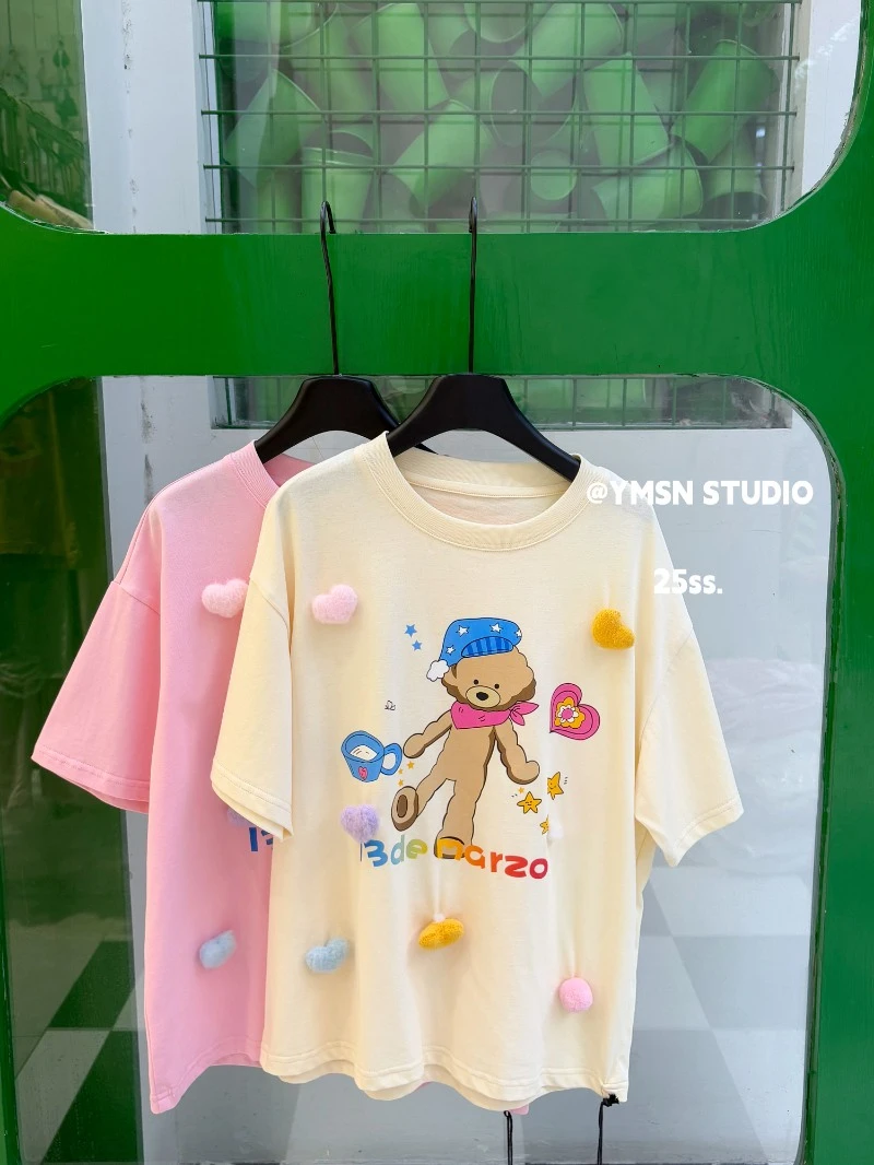 设计师款洋气短袖爱心熊宽松韩系甜美百搭温柔风短袖儿童纯棉上衣