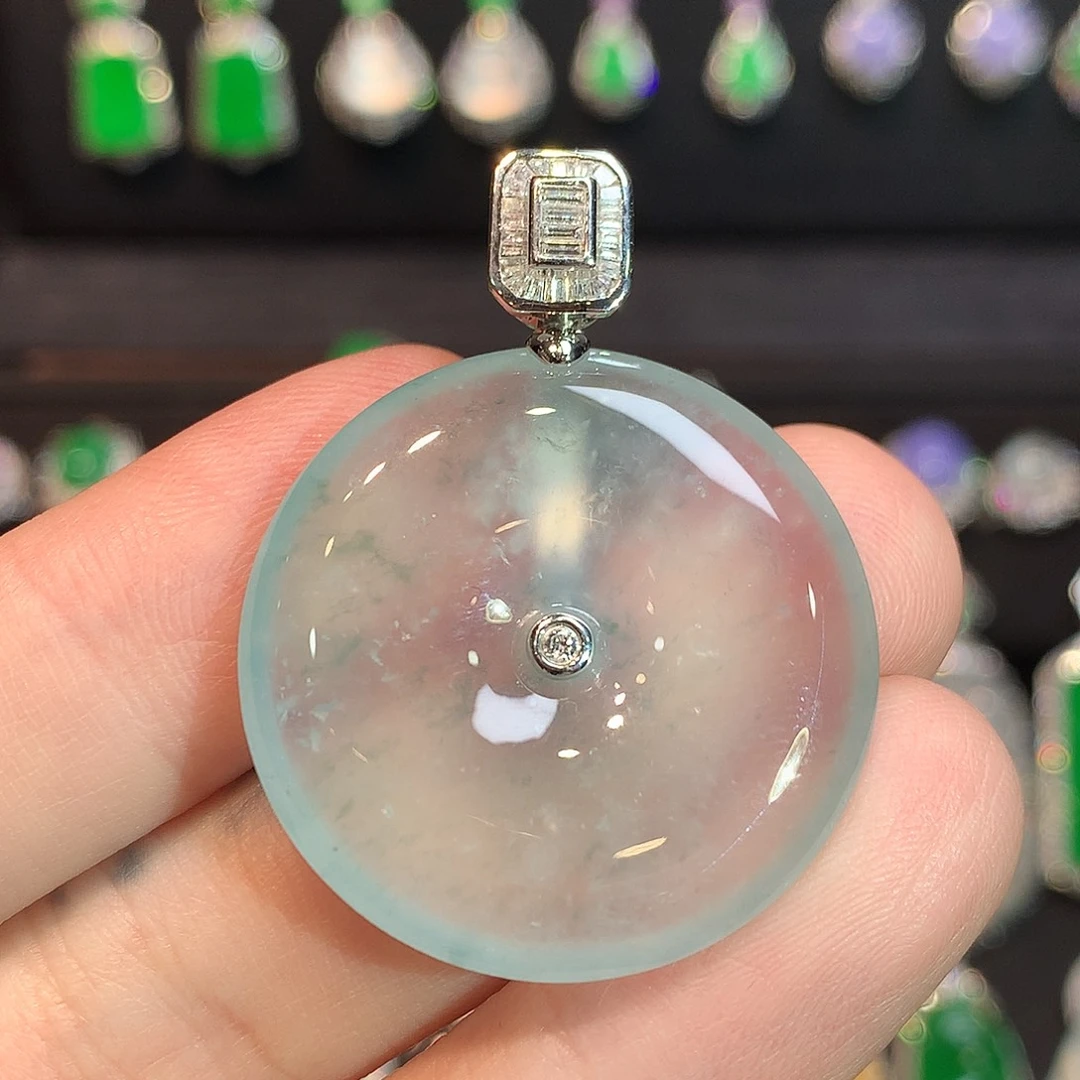 翡翠18K金镶嵌吊坠(赠链)玻璃种飘绿花平安扣吊坠