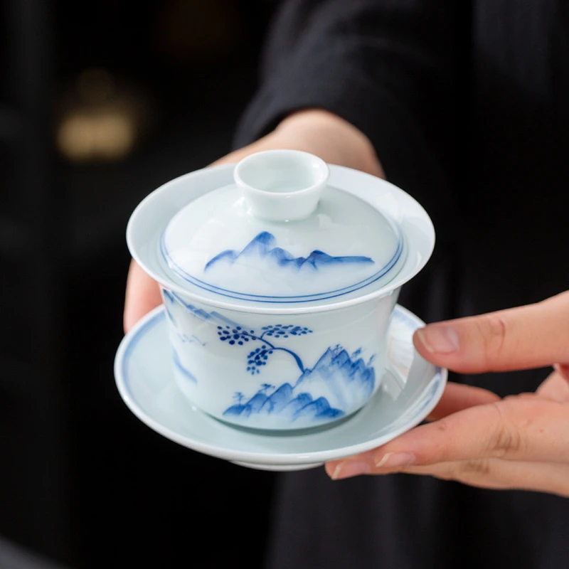 青花瓷盖碗杯青瓷茶具大号敬泡茶碗陶瓷纯手绘中式功夫单个三才碗