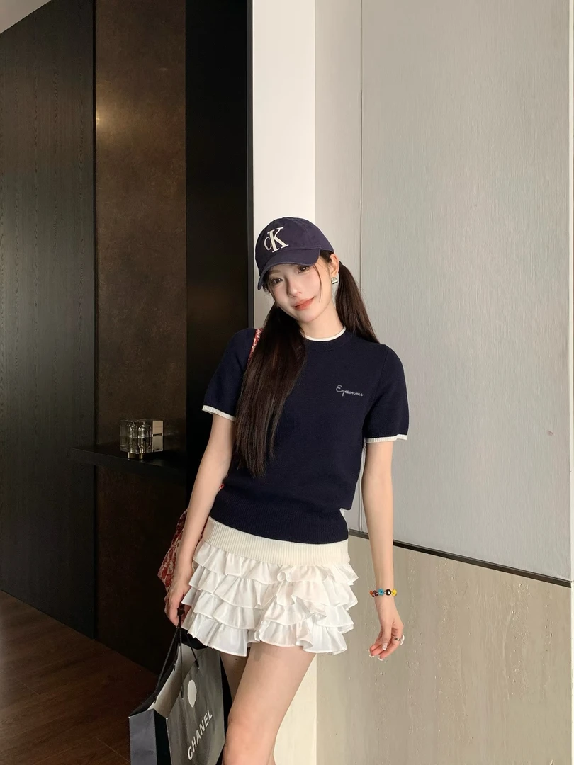 25春夏圆领显瘦套头天丝羊毛拼接假两件短袖修身针织时尚休闲百搭