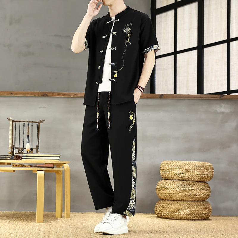 夏季新款男士中国风短袖套装国潮T恤开衫复古中式盘扣休闲两件套