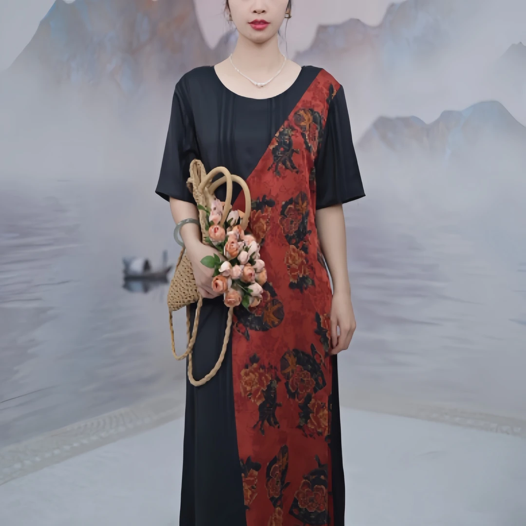 A27 夏季新款时尚拼接复古印花中长款连衣裙百搭休闲国风女士长裙