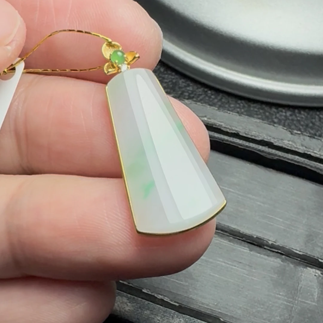 天然翡翠A货18K金镶紫绿春彩平安无事牌套装 尺寸24.5*12.5*4.5