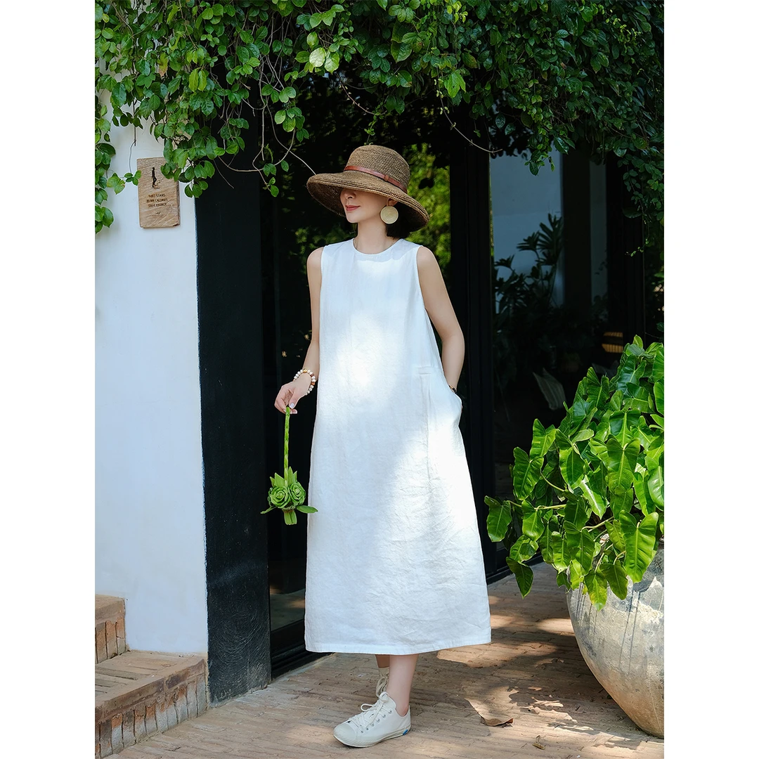 麻霖早春100%汉麻垂坠显瘦小圆领后隐拉双层无袖背心连衣裙