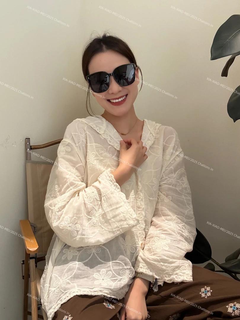 XIAOMEI ｜韩系杏色刺绣钩花连帽衬衫上衣-5094