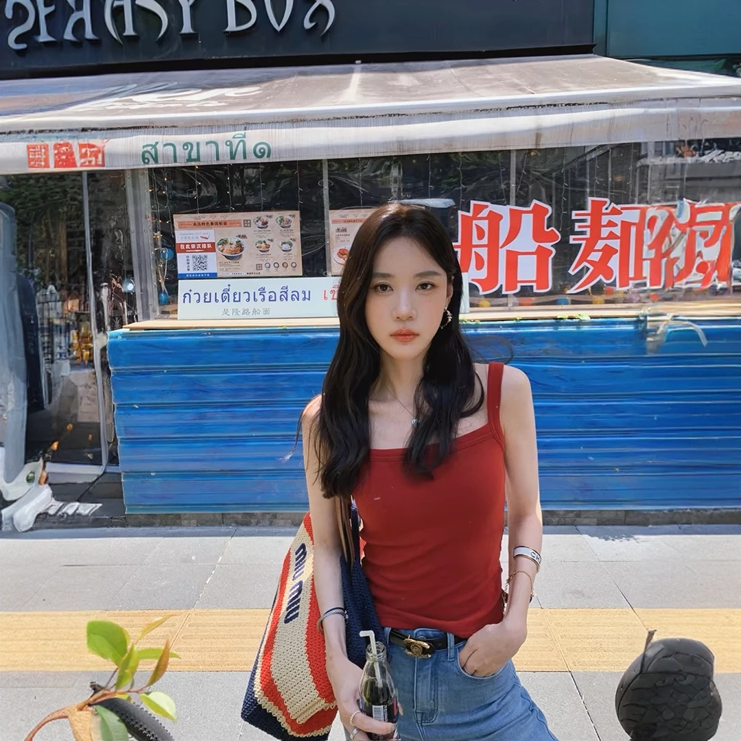 左猫 新款纯色修身侧边开叉棉质背心女2428#