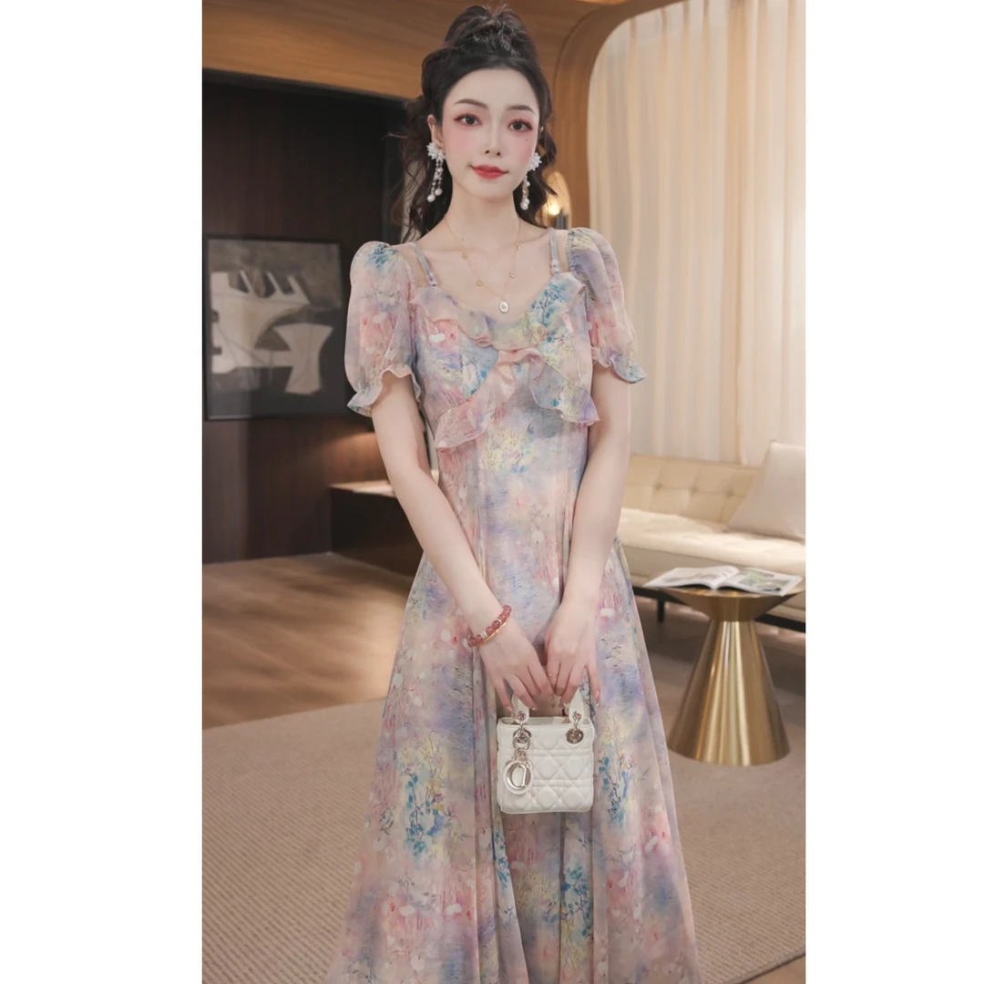 WWR 米粒-七彩翔云-设计款法式浪漫气质显瘦收腰连衣裙-54160K