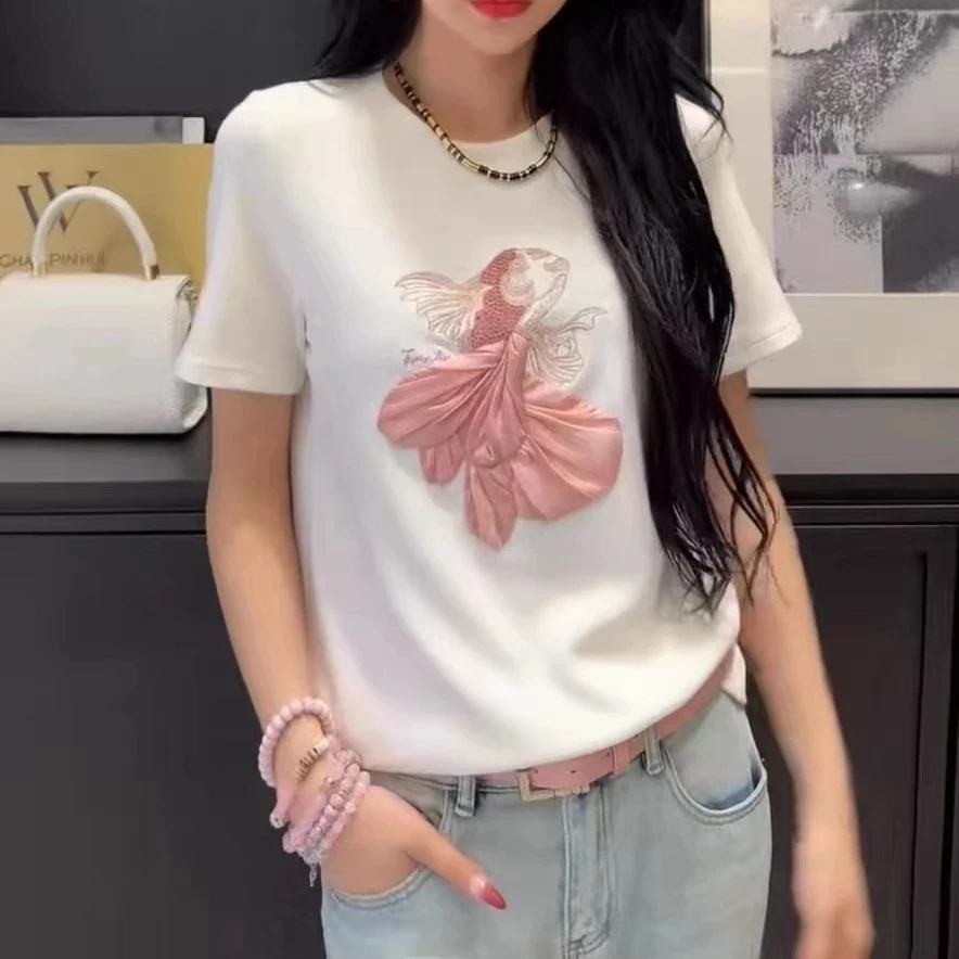 嘉莉丹: 22013#时尚个性纱质金鱼圆领半袖