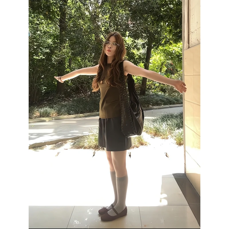 美式复古无袖背心显瘦上衣短裙高腰a字半身裙高腰包臀裙子女夏季