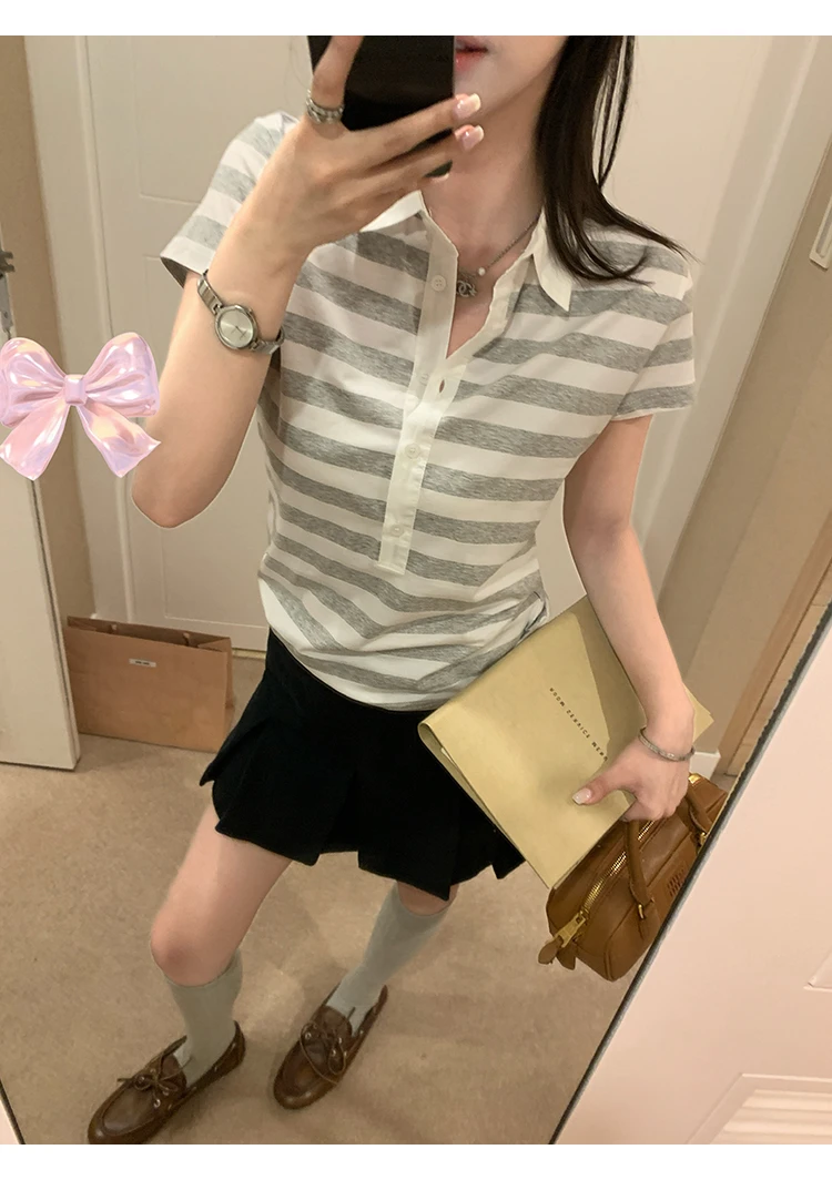 智性松弛 夏季慵懒显瘦基础款百搭休闲翻领POLO领条纹T