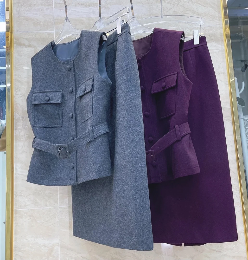 秋冬轻熟风无袖羊毛马甲搭配高腰半身裙套装