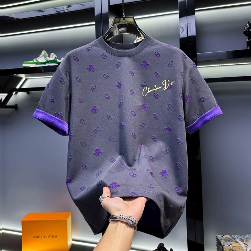 特大码300斤男女高端烧花蜜蜂短袖t恤夏季款潮牌宽松美式轻奢半袖