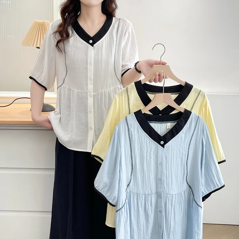 2025年夏季大码女装休闲宽松百搭撞色衬衫设计感上衣气质显瘦小衫
