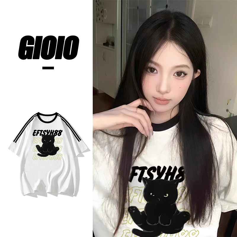 FNFE设计感小众三条杠纯棉短袖t恤女夏季宽松情侣显瘦上衣