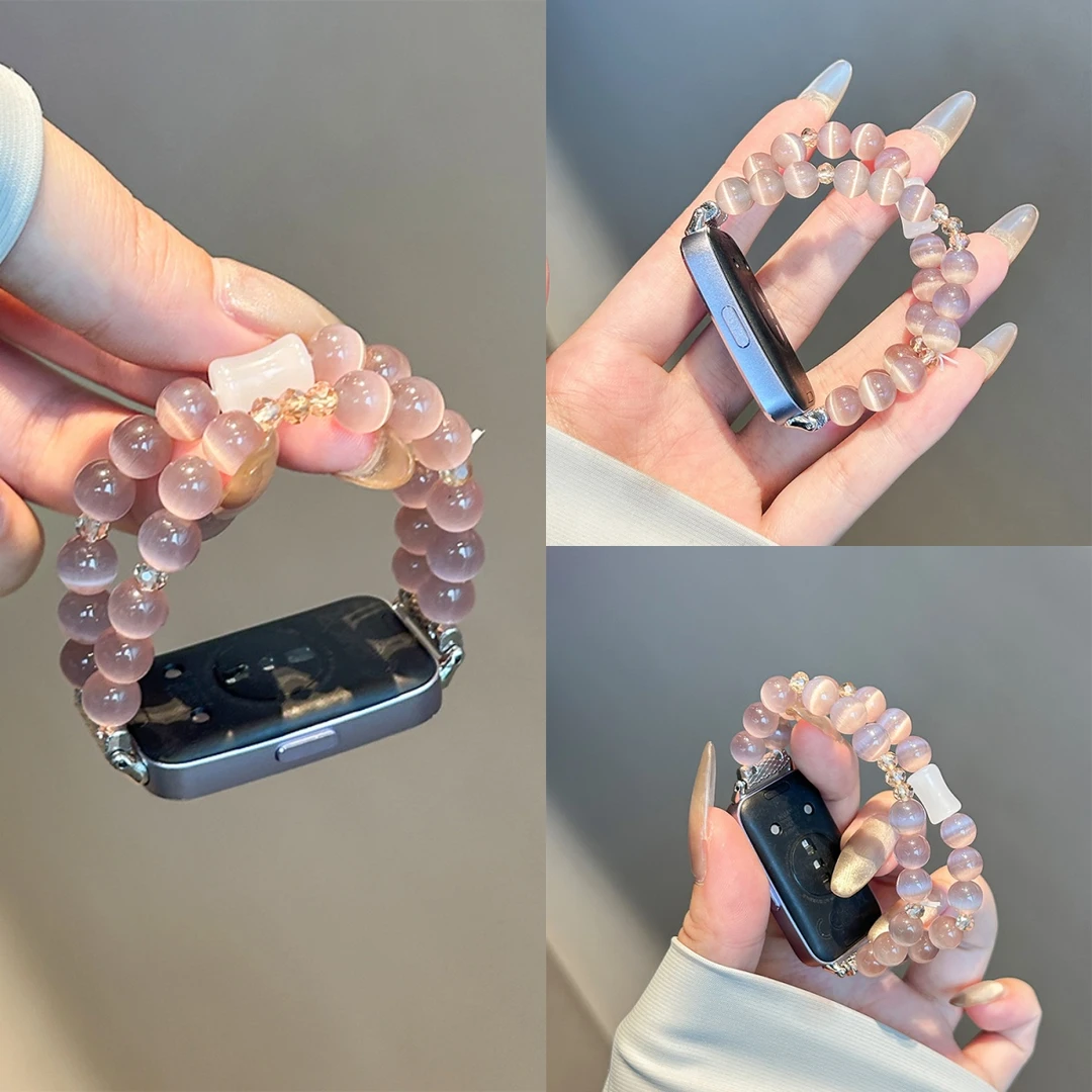 适用华为荣耀手环10/9/8表带水晶串珠猫眼石夏天亲肤舒适替换腕带