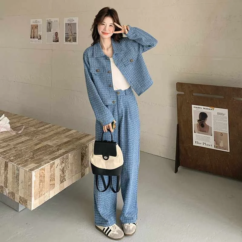 蓝色小香风格纹牛仔套装女2025年春秋新款高级感洋气显瘦两件套裤