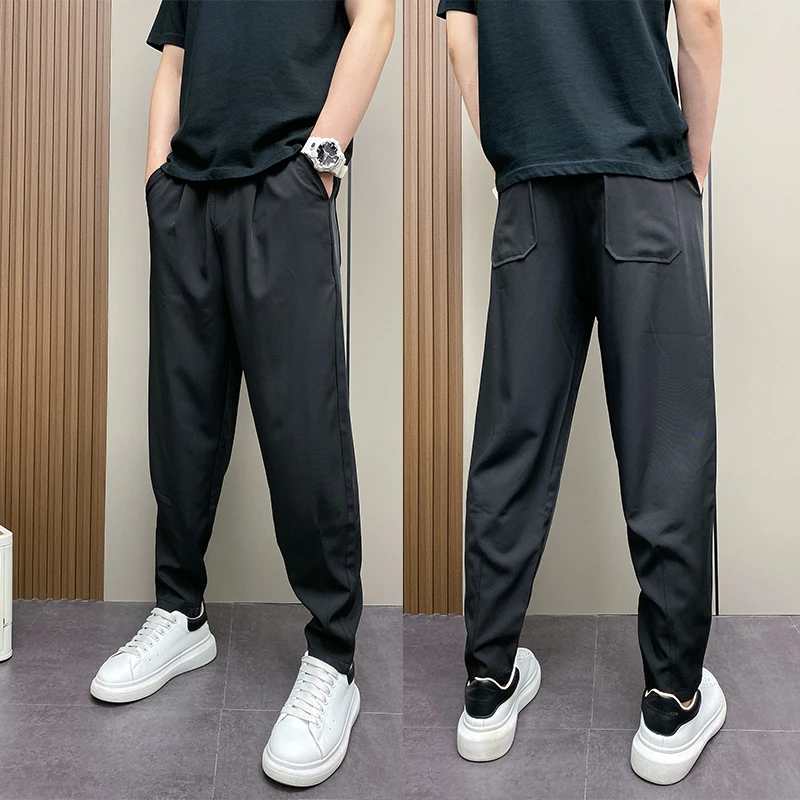 夏季新款丝滑垂感百搭直筒西裤男简约纯色透气显瘦抗皱小脚休闲裤