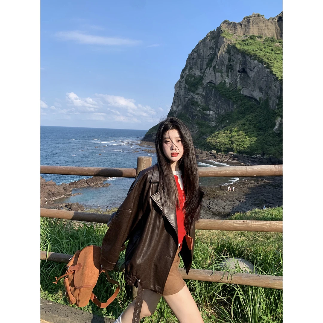 Joeyoo 皮衣外套女装早秋2025新款复古棕色pu短款夹克上衣