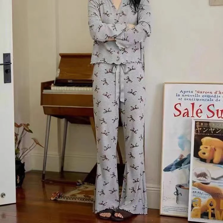 D1326 甜美亲肤蝴蝶结开衫+松紧腰阔腿裤居家服套装