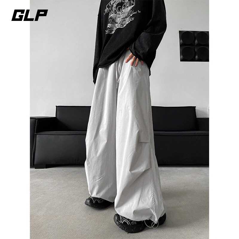 大码褶皱伞兵工装裤男春秋日系复古潮牌宽松直筒阔腿轻奢痞帅男装