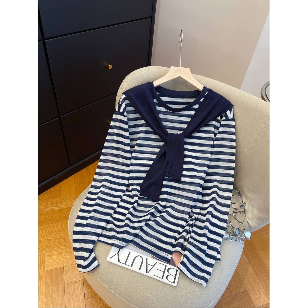 韩版条纹披肩假两件长袖T恤女2025早秋宽松显瘦百搭休闲打底上衣