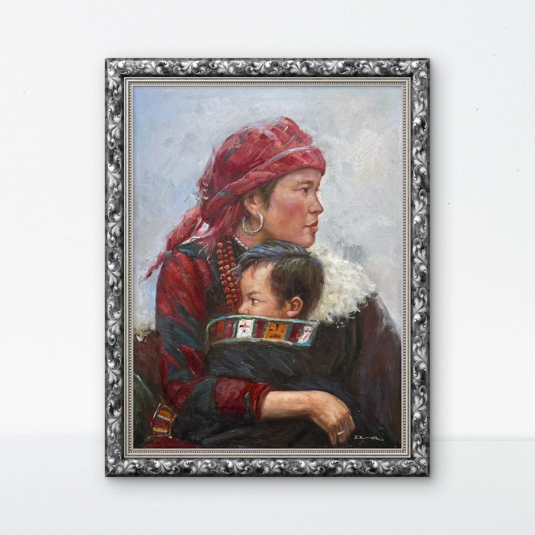 手绘油画《红巾稚依》收藏油画 画心尺寸75x100cm