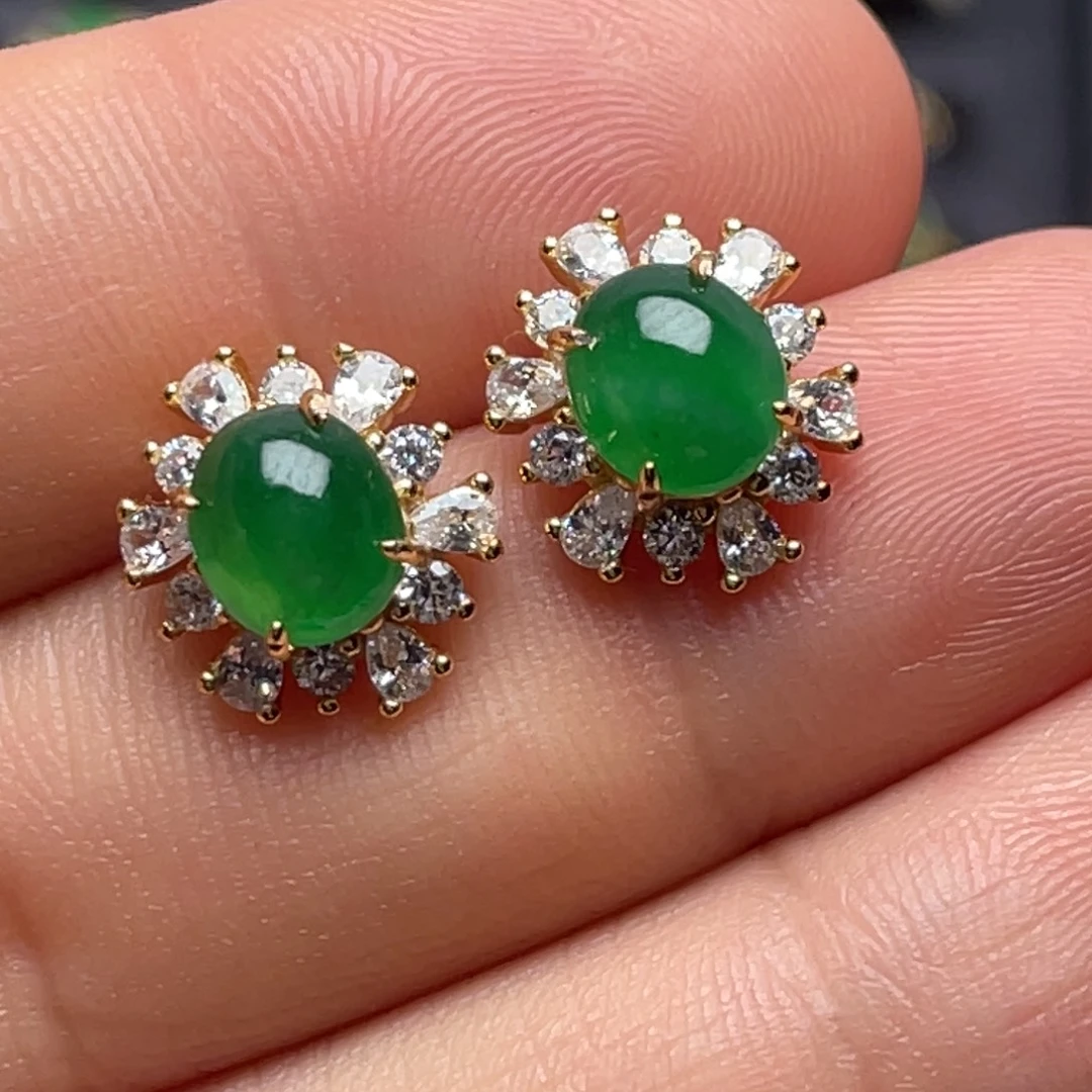 翡翠银S925镶嵌耳饰纯天然缅甸翡翠A货