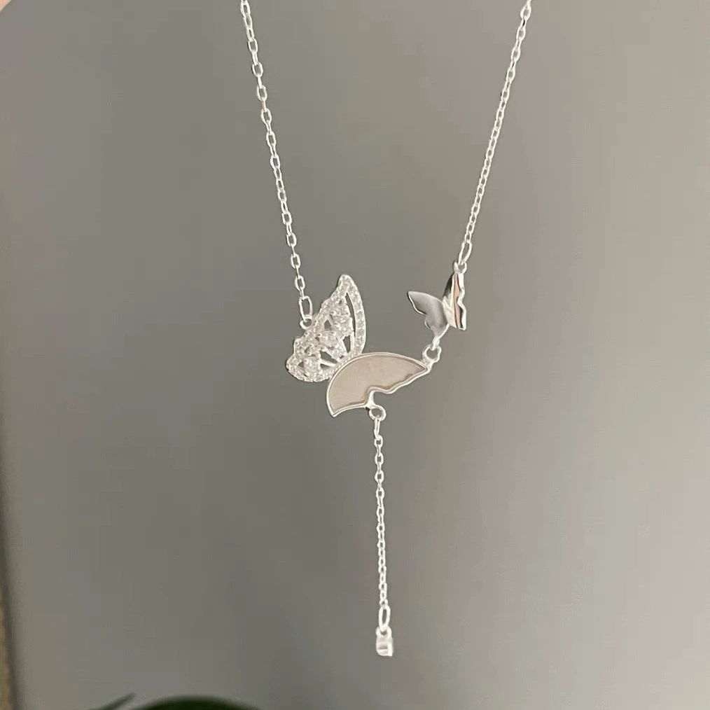 坠链均925银合成锆石 仙系蝴蝶流苏项链轻奢锁骨链设计感5088