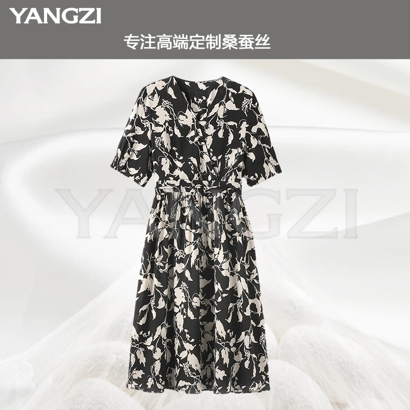 漾姿25新款休闲V领植物花卉显瘦款收腰桑蚕丝连衣裙 XGX253-25685