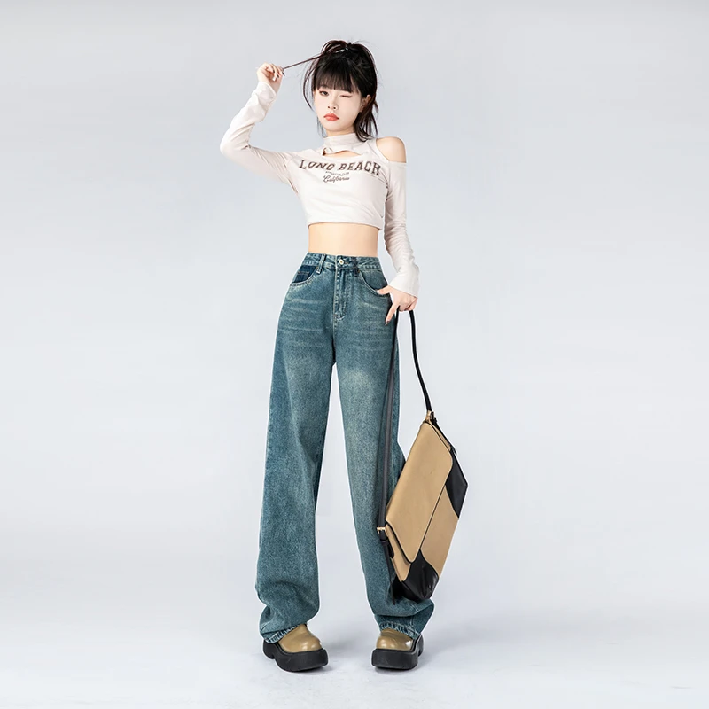 2025新款撞色复古蓝窄版阔腿裤