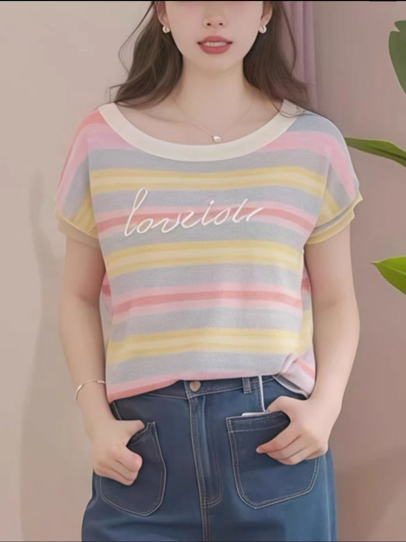 【彩虹条纹】休闲风字母短袖薄款毛针织衫休闲撞色时尚J0320
