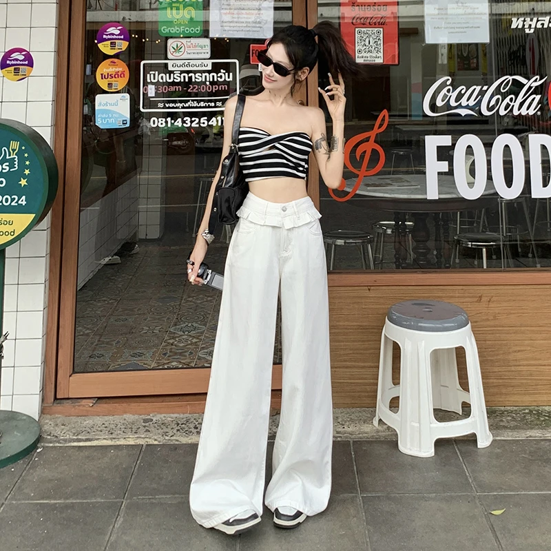 白色竹节纹阔腿牛仔裤女2025夏新款高腰宽松显瘦直筒休闲拖地裤子