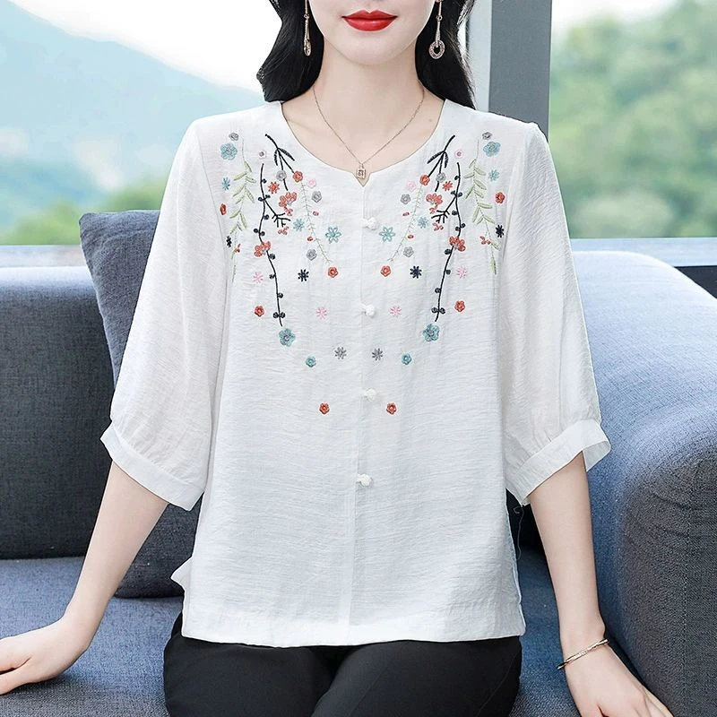 【现货+运费险】刺绣棉麻T恤夏装新款宽松遮肚子小衫洋气上衣XU122