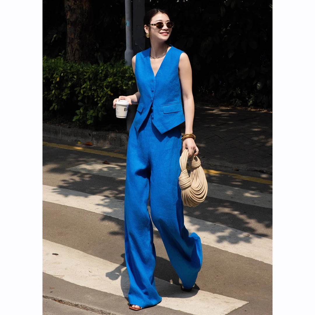 小众炸街高级感女装夏季新款蓝色无袖马甲上衣直筒阔腿裤两件套