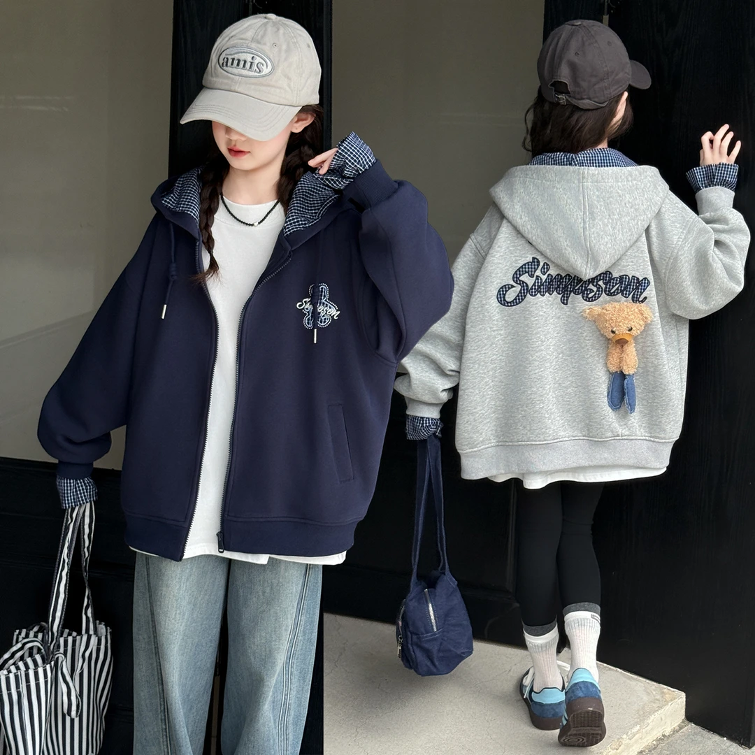 女童秋装外套2025新款春秋款初中生连帽卫衣初中学生开衫绣花衣服