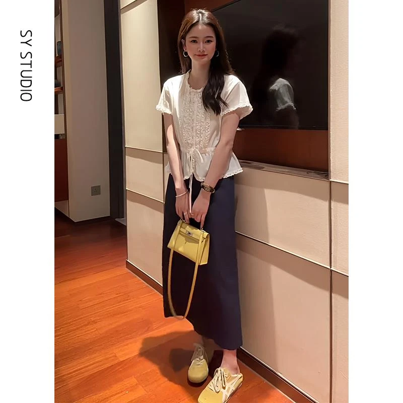 VOCKOO官方高级小众不撞款套装设计感木耳边抽绳衬衫女休闲百搭半