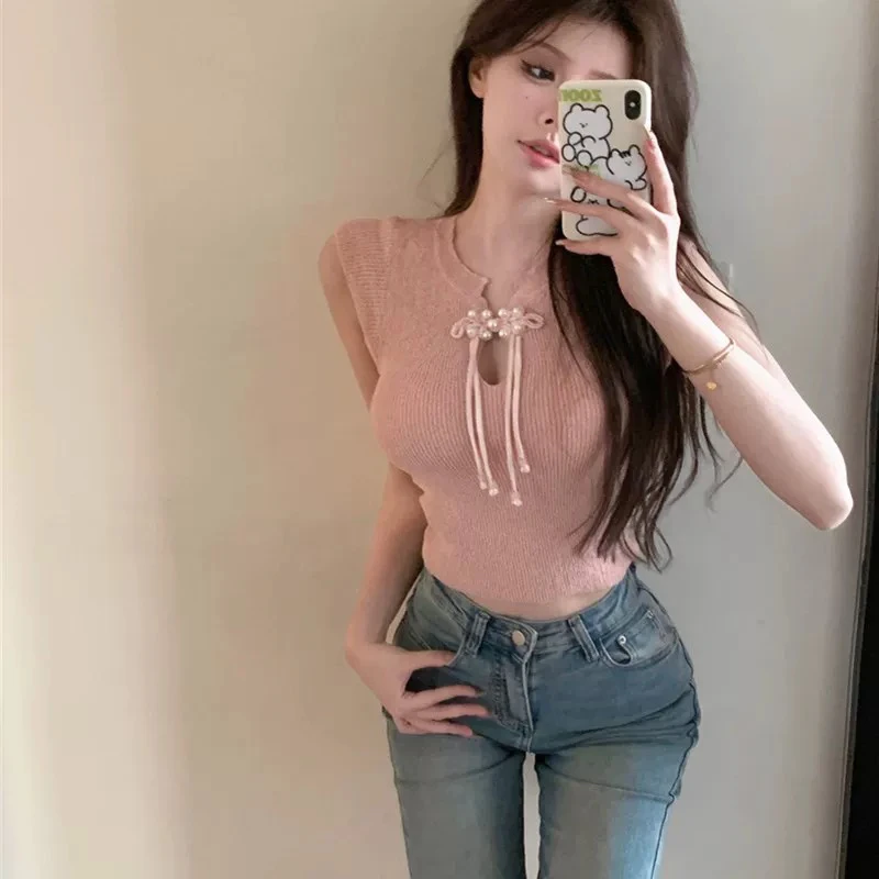 糖果色国风针织盘口上衣