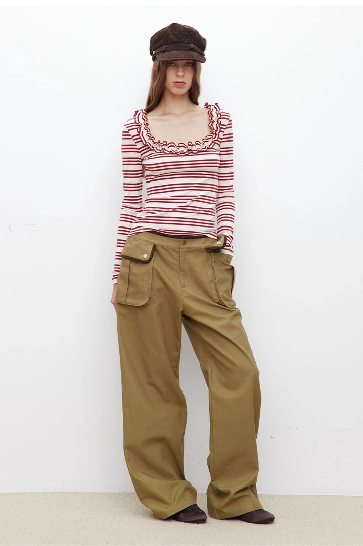 设计感小众花边U领条纹T恤长袖针织衫上衣修身打底衫