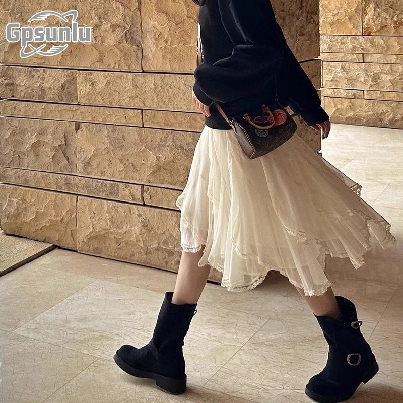 gpsunlu法式不规则蕾丝拼接半身裙女夏季法式复古芭蕾风蕾丝短裙