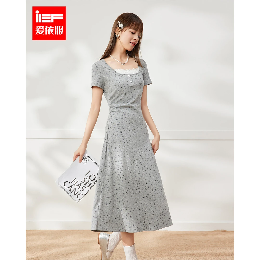 IEF/爱依服2025早秋新款蕾丝拼接时尚短袖连衣裙女甜美中长款裙子