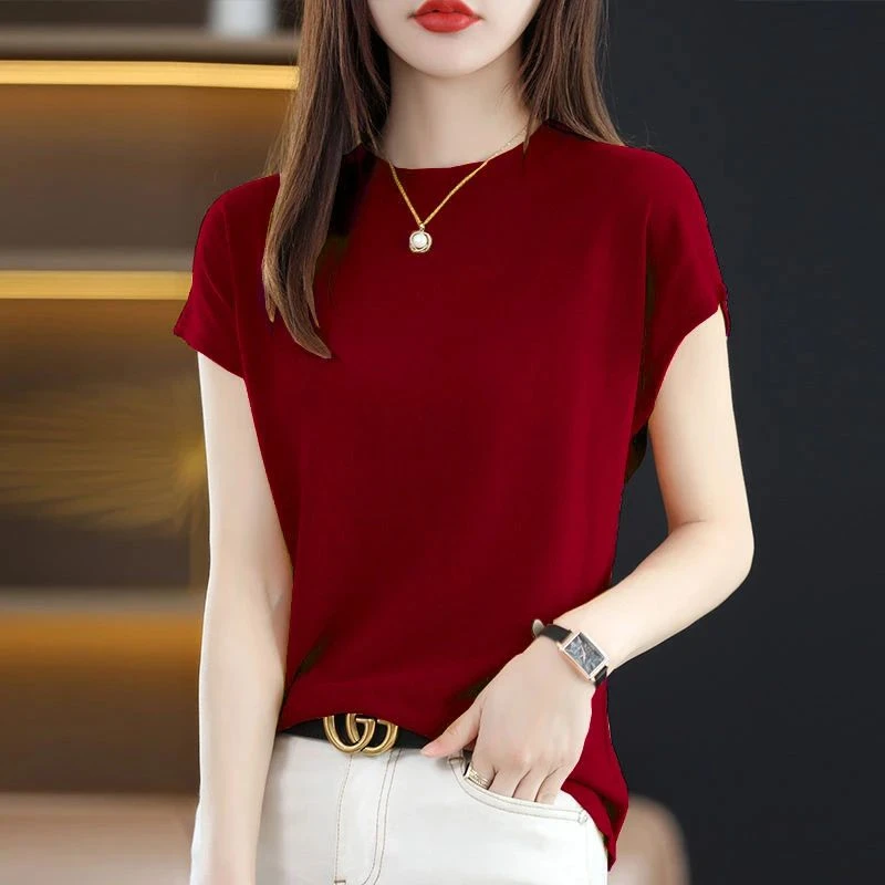 夏季短袖设计感上衣v领小众毛针织衫宽松时尚薄款圆领轻熟风