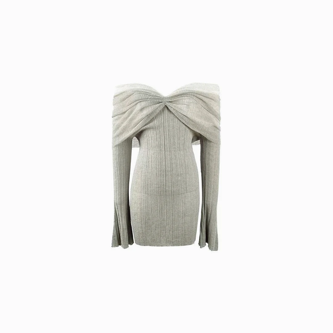 FAY【曼妙身姿】早春新款褶皱一字肩拼色包臀修身喇叭袖针织连衣裙