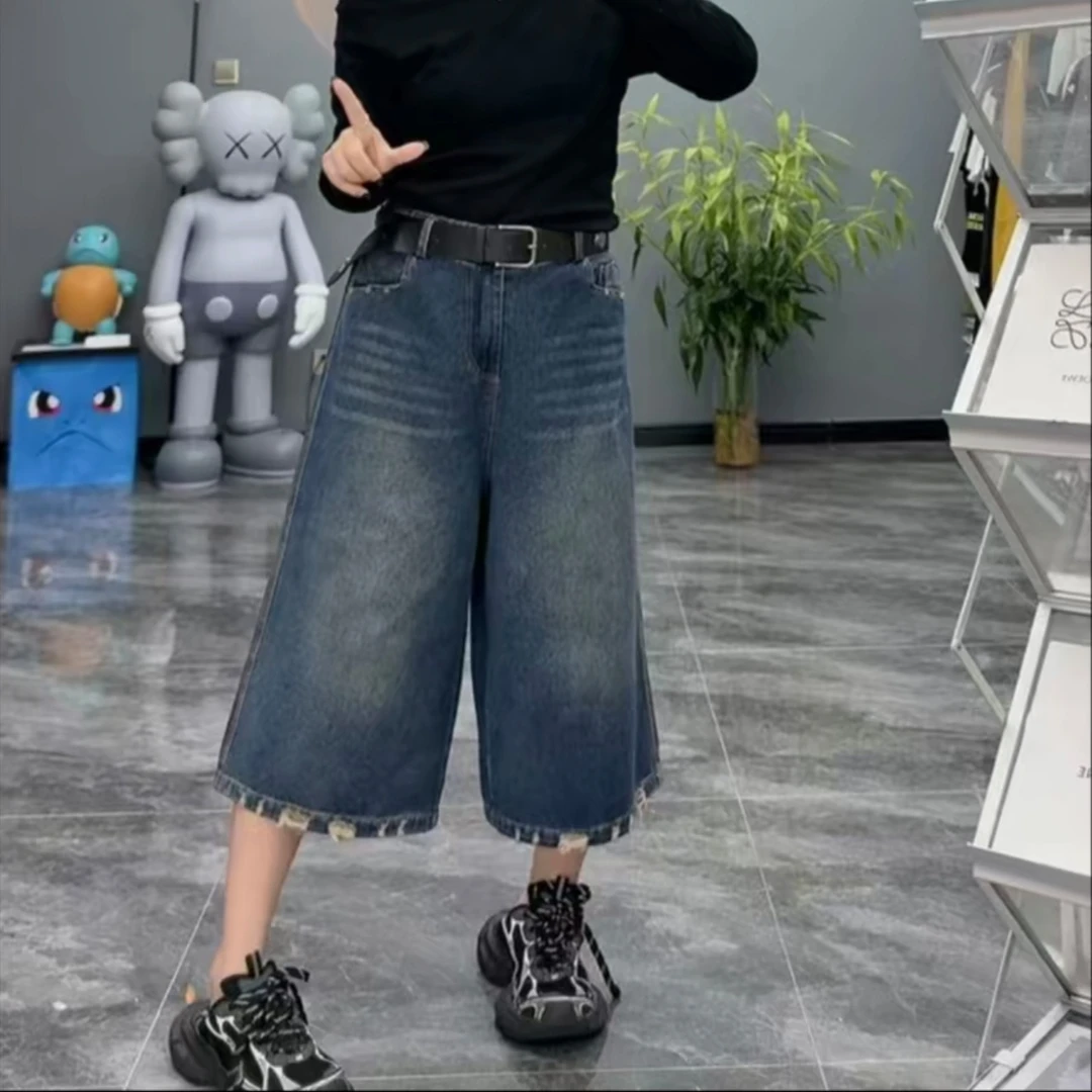 大码女装早秋新款时尚潮流毛边休闲阔腿牛仔七分裤（带腰带8155）
