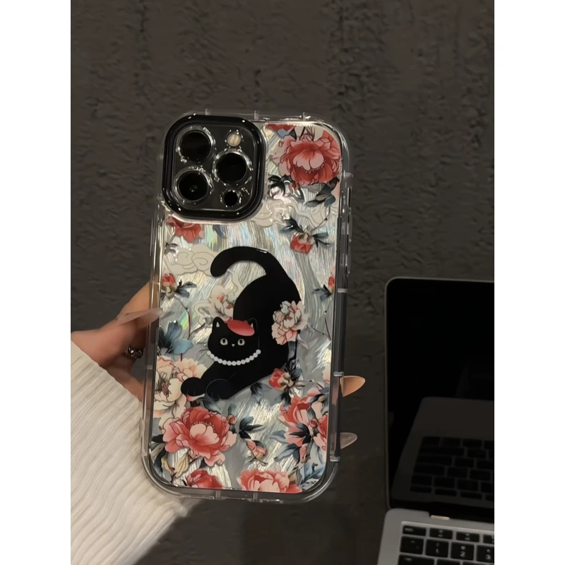 黑猫牡丹适用苹果16创意iPhone15pro手机壳泡芙羽纱华为p小众卡通