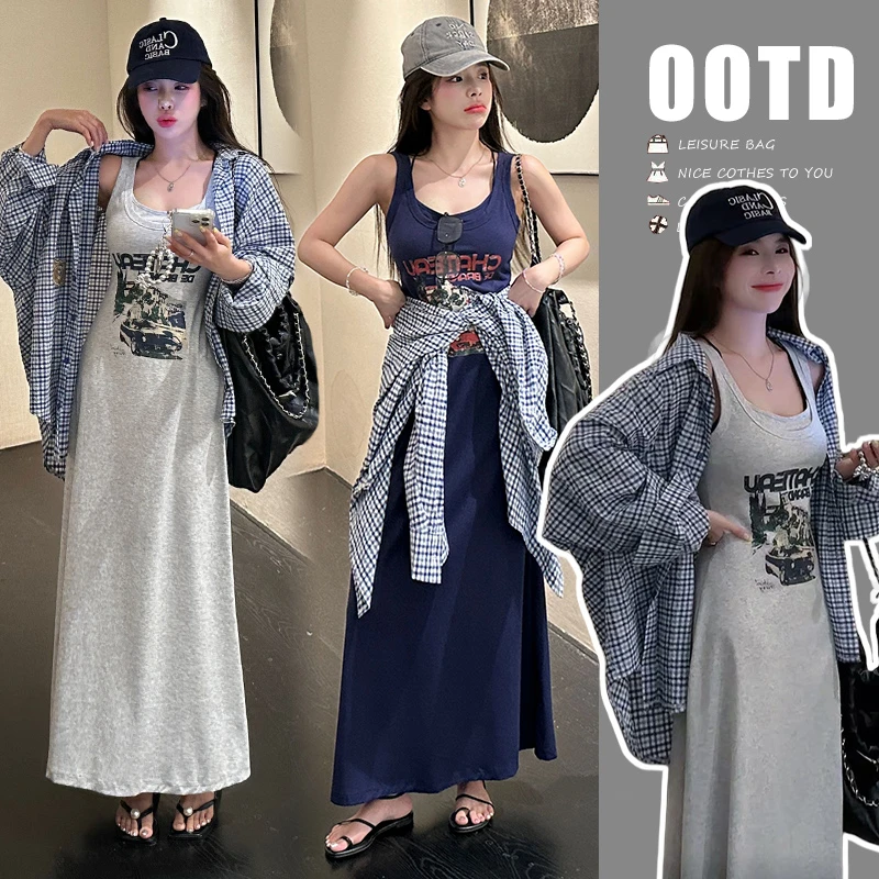 孕妇套装夏装新款时尚韩版宽松慵懒风格子衬衫上衣显瘦背心连衣裙