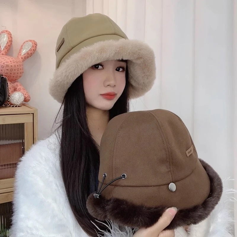 韩版时尚百搭网红女士渔夫帽 2023新款冬季加厚保暖毛绒圆顶宽檐