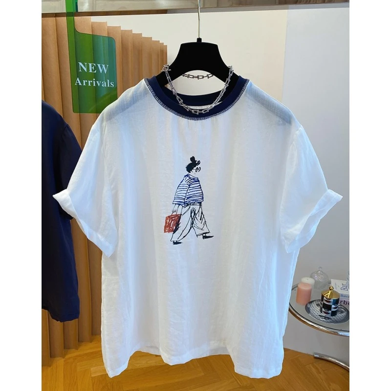 00362白色棉麻t恤女新款夏季宽松大版洋气薄款超好看圆领亚麻上衣