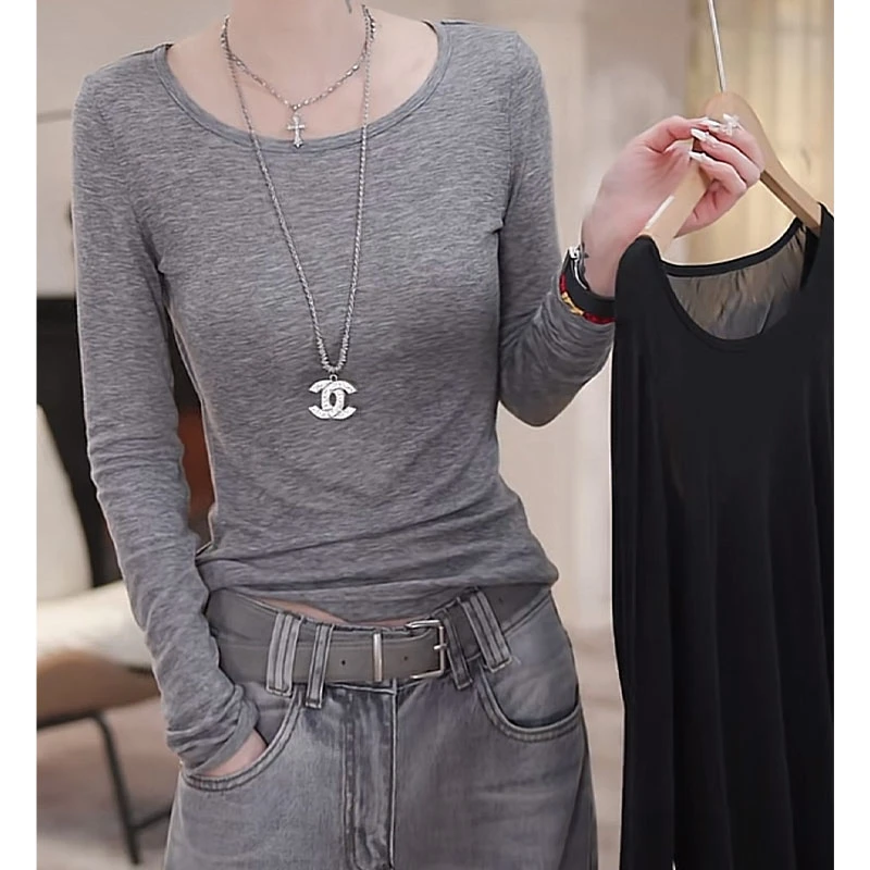 长袖t恤假两件内搭修身显瘦打底上衣女2025夏季新款百搭薄款体恤