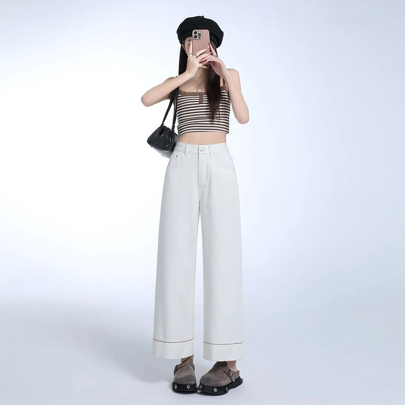 白色阔腿牛仔裤女2025夏季新款高腰显瘦小个子九分直筒垂感奶奶裤